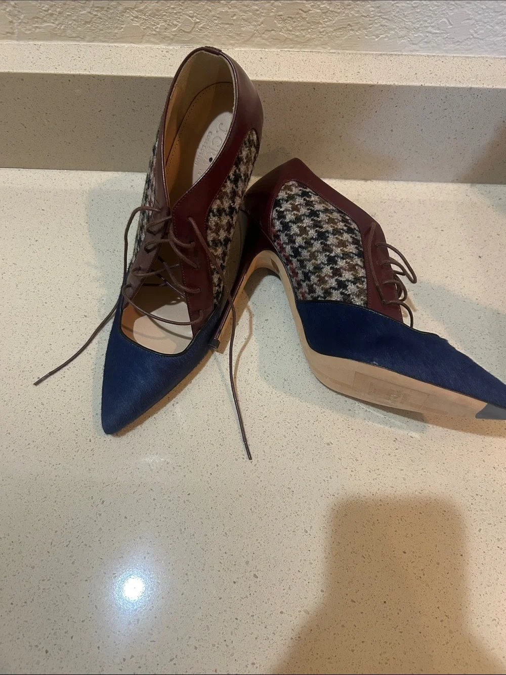 J. Crew Navy and Burgundy Pointed Lace-Up Heels with Houndstooth